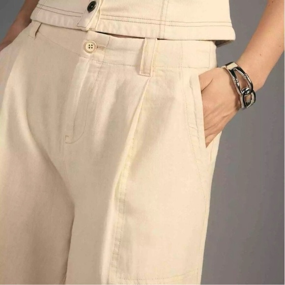 Anthropologie Pilcro Cargo Culottes Linen Blend Cropped Pants Cream Size 6 - Picture 3 of 12